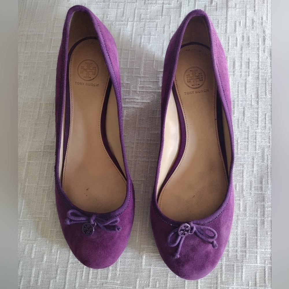 TORY BURCH Chelsea 45 shoho lux suede grape purple pump wedge shoes Sz 10.5M